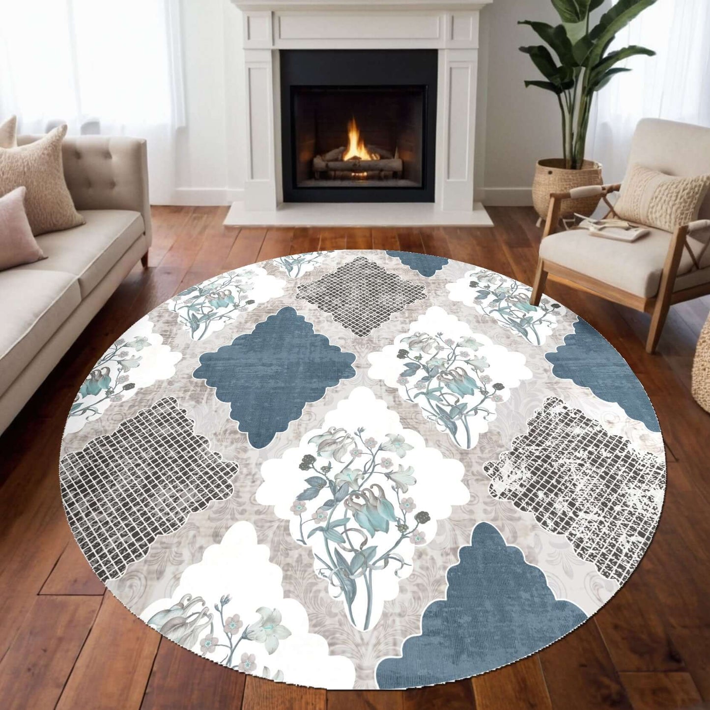 Azure Bloom Vintage Rug Elevate your space with the Azure Bloom Vintage Rug, a stunning fusion of classic floral motifs and modern geometric patterns. Featuring a soothing palette of deep blue, soft ivory, and warm beige, this rug brings a touch of elegan