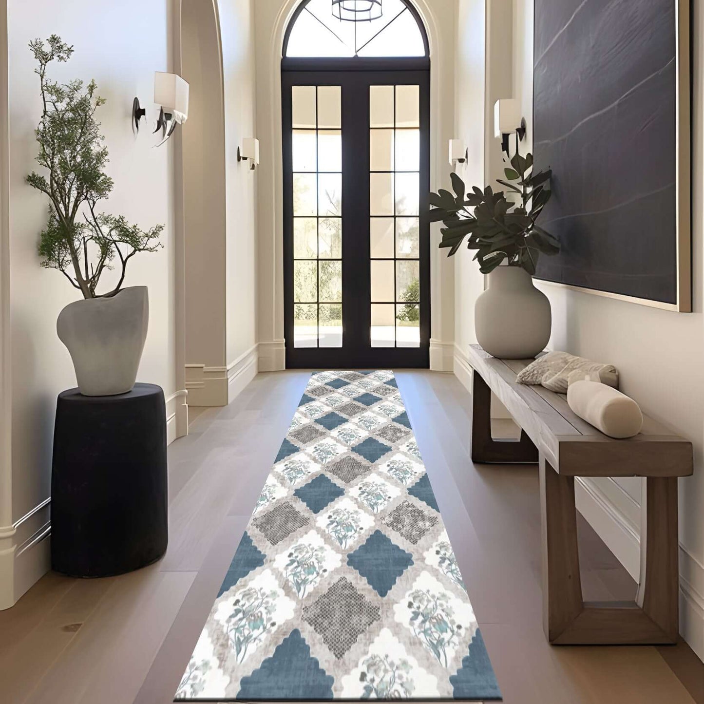 Azure Bloom Vintage Rug Elevate your space with the Azure Bloom Vintage Rug, a stunning fusion of classic floral motifs and modern geometric patterns. Featuring a soothing palette of deep blue, soft ivory, and warm beige, this rug brings a touch of elegan