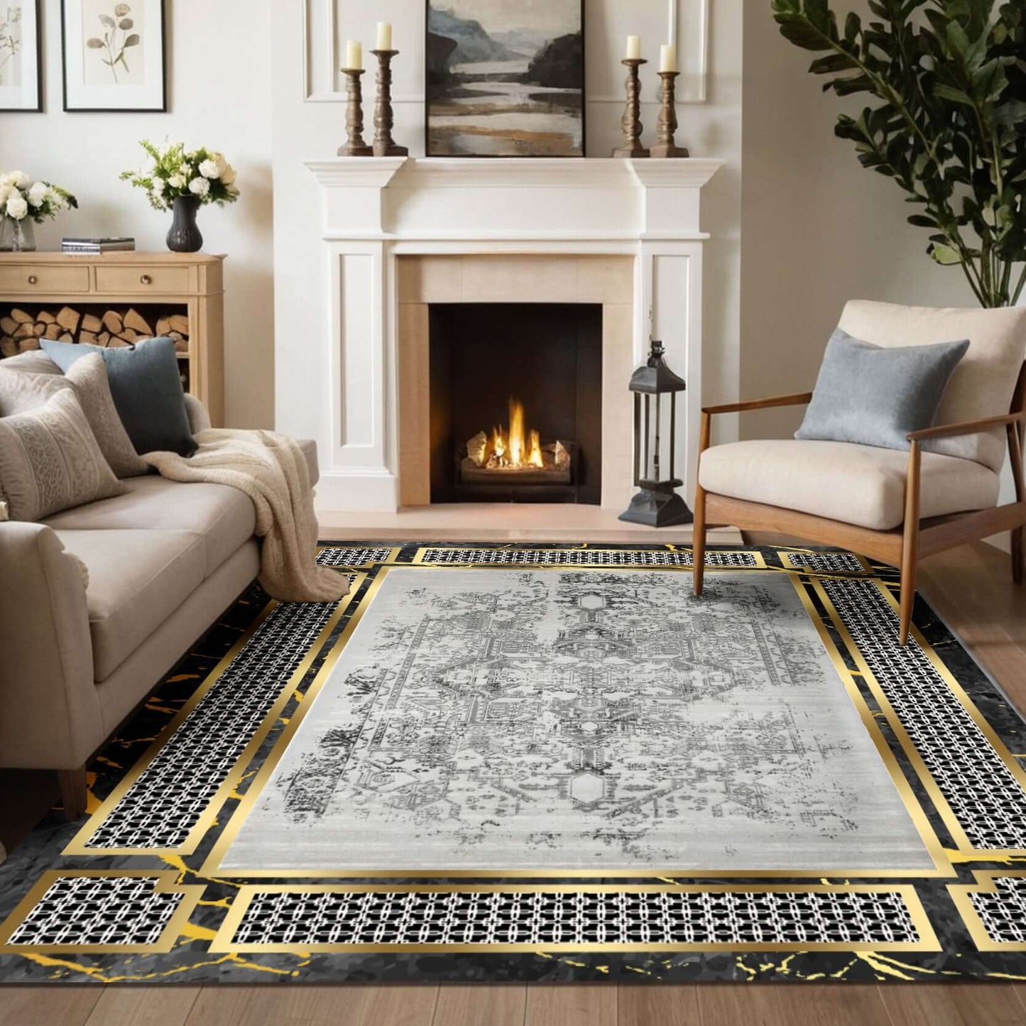 Marble Glow Rug Add a touch of elegance to your space with the BY-DLS-205 Marble Glow Rug. Featuring a stunning blend of black, white, and gold tones, this rug mimics the natural beauty of marble with a modern, artistic twist. Its bold border and intricat