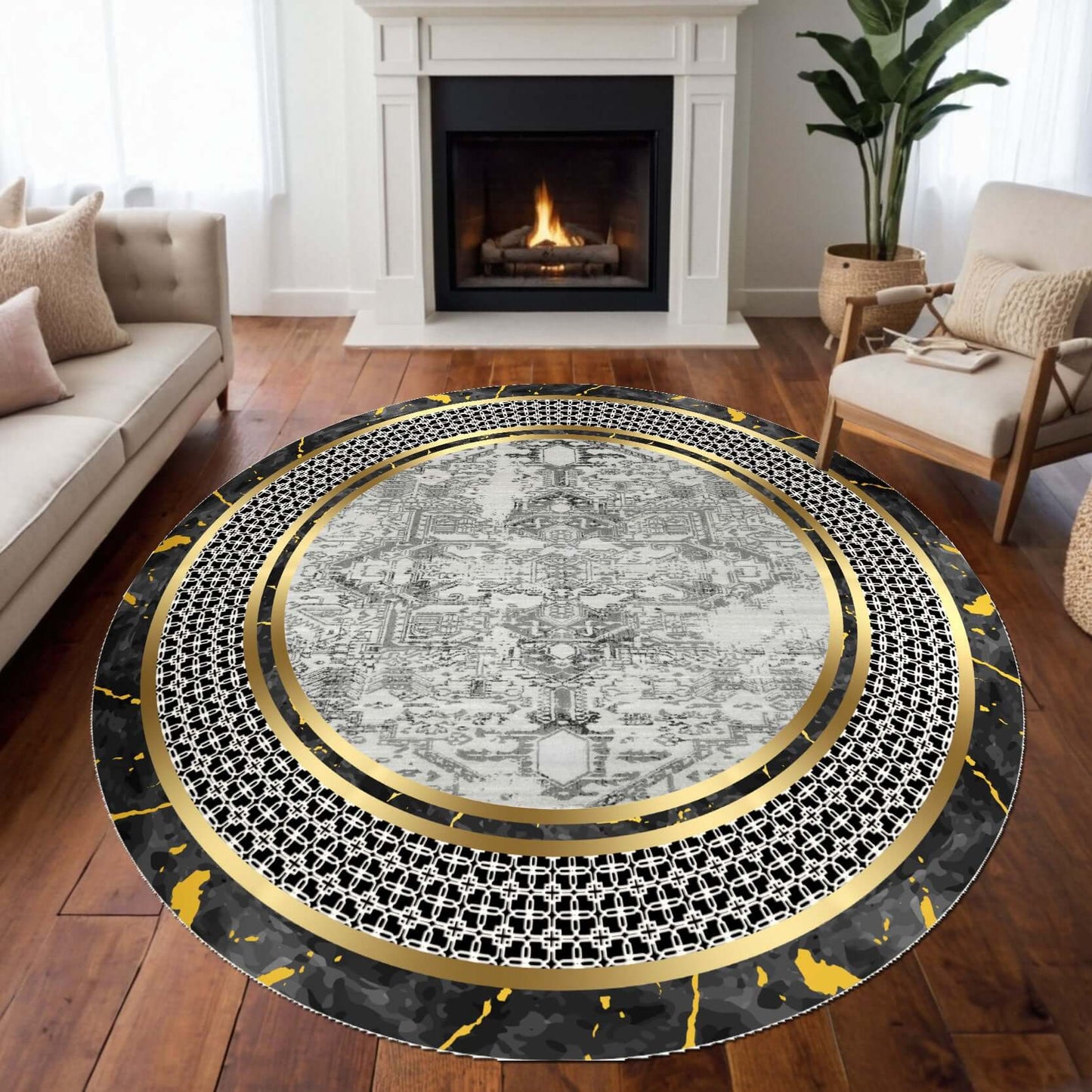 Marble Glow Rug Add a touch of elegance to your space with the BY-DLS-205 Marble Glow Rug. Featuring a stunning blend of black, white, and gold tones, this rug mimics the natural beauty of marble with a modern, artistic twist. Its bold border and intricat