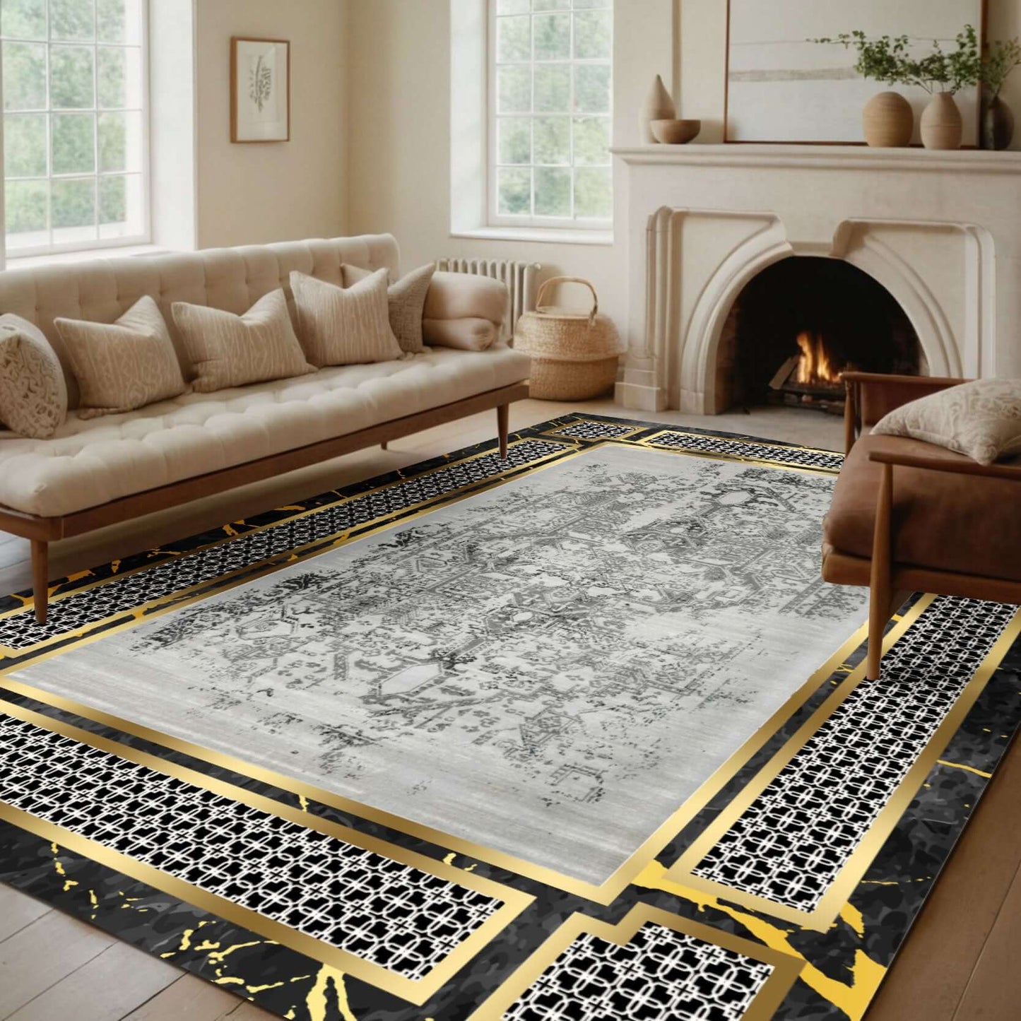 Marble Glow Rug Add a touch of elegance to your space with the BY-DLS-205 Marble Glow Rug. Featuring a stunning blend of black, white, and gold tones, this rug mimics the natural beauty of marble with a modern, artistic twist. Its bold border and intricat