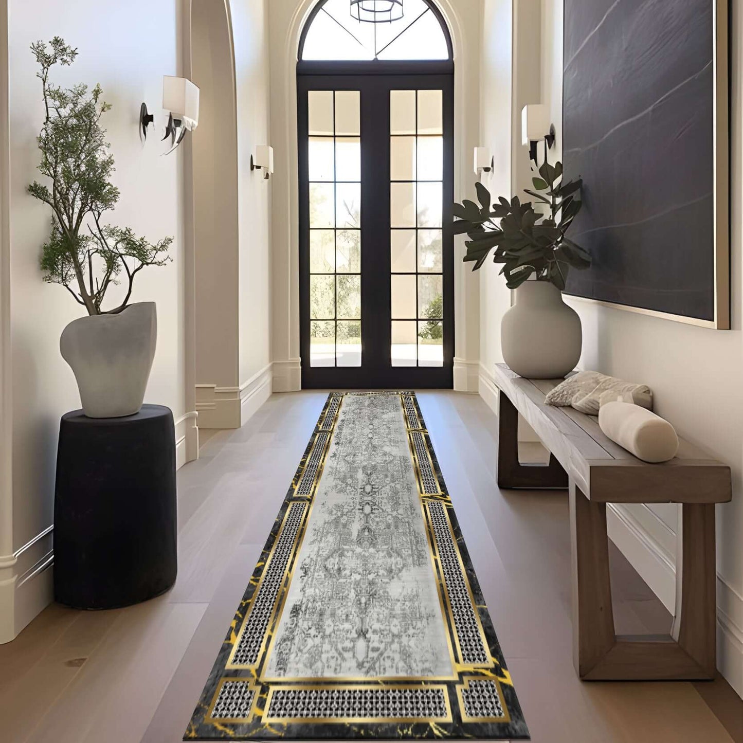 Marble Glow Rug Add a touch of elegance to your space with the BY-DLS-205 Marble Glow Rug. Featuring a stunning blend of black, white, and gold tones, this rug mimics the natural beauty of marble with a modern, artistic twist. Its bold border and intricat