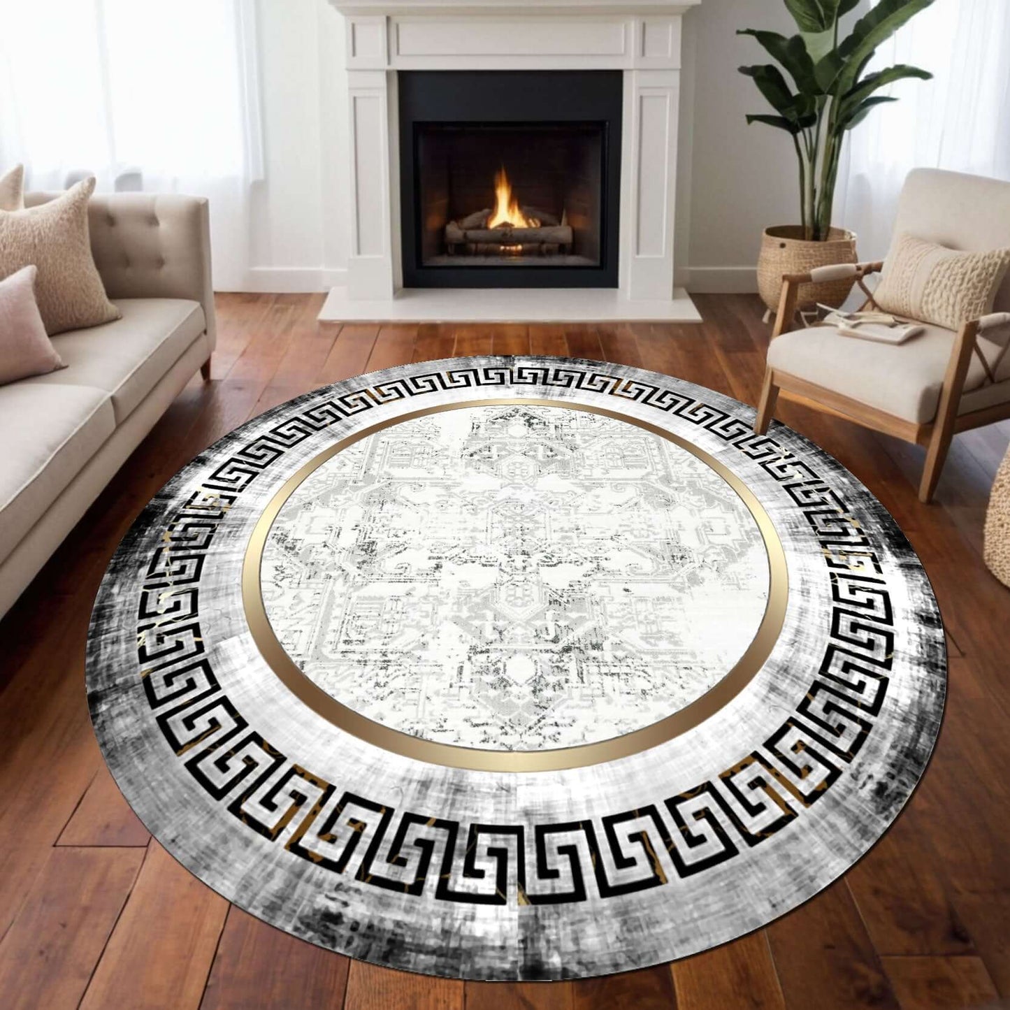 Traditional Greek Key and Abstract Gold Rug Introducing the BY-DLS-206 Traditional Greek Key and Abstract Gold Rug, a sophisticated blend of modern art and classical elegance. The rug showcases a striking central abstract pattern framed by an intricate Gr