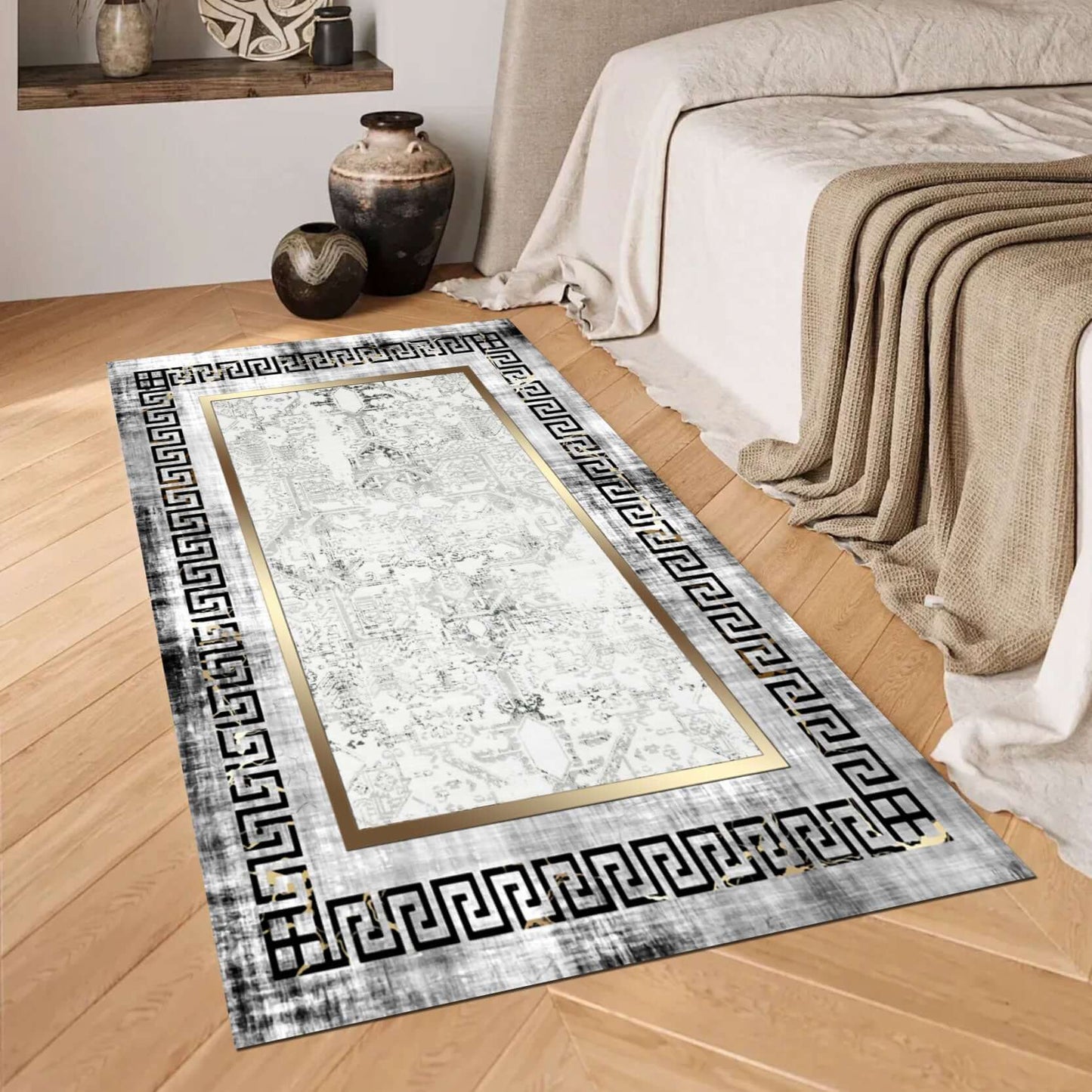 Traditional Greek Key and Abstract Gold Rug Introducing the BY-DLS-206 Traditional Greek Key and Abstract Gold Rug, a sophisticated blend of modern art and classical elegance. The rug showcases a striking central abstract pattern framed by an intricate Gr