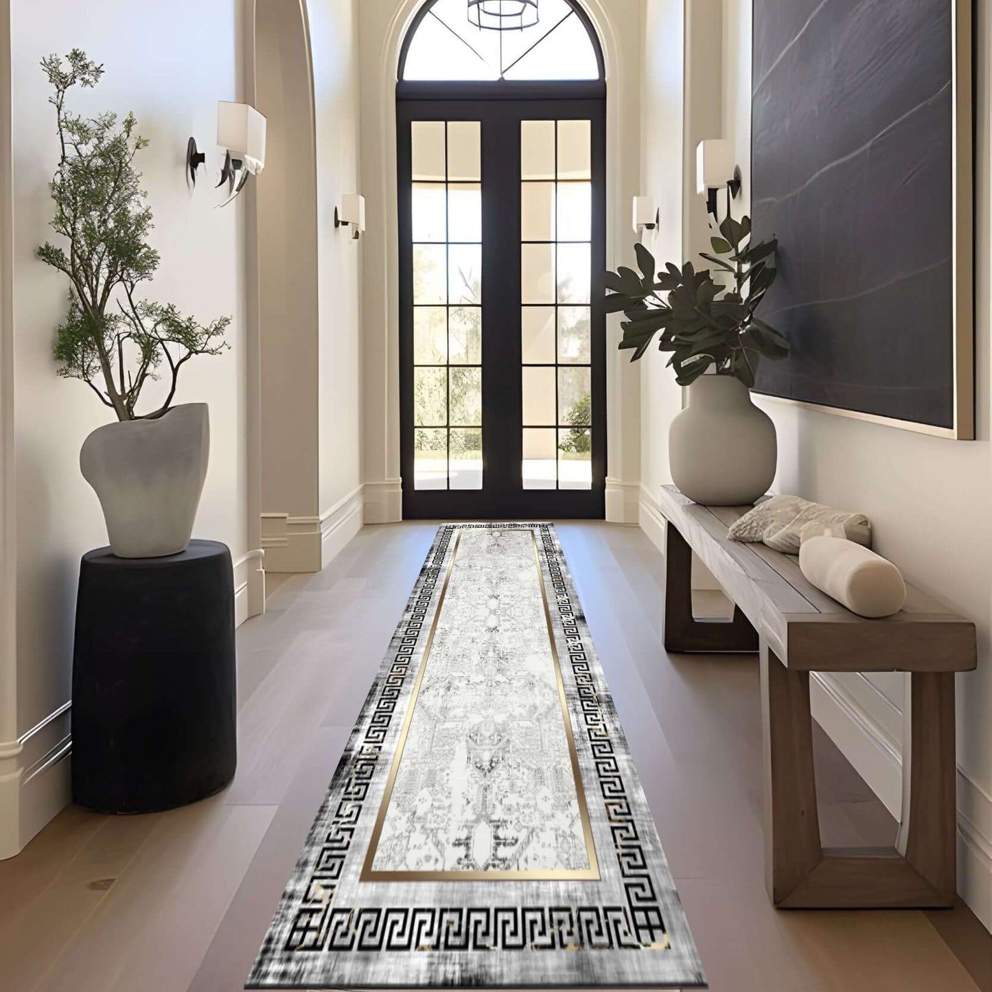 Traditional Greek Key and Abstract Gold Rug Introducing the BY-DLS-206 Traditional Greek Key and Abstract Gold Rug, a sophisticated blend of modern art and classical elegance. The rug showcases a striking central abstract pattern framed by an intricate Gr