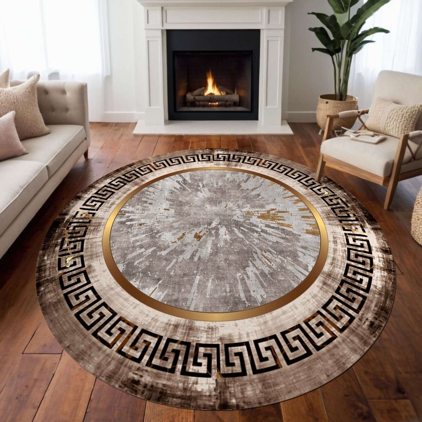 Modern Luxury Greek Border Rug Elevate your space with the BY-DLS-230 Modern Luxury Greek Border Rug. This contemporary masterpiece features a striking Greek key border and an abstract sunburst design in neutral tones, accented by gold highlights. Perfect