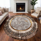 Modern Luxury Greek Border Rug Elevate your space with the BY-DLS-230 Modern Luxury Greek Border Rug. This contemporary masterpiece features a striking Greek key border and an abstract sunburst design in neutral tones, accented by gold highlights. Perfect