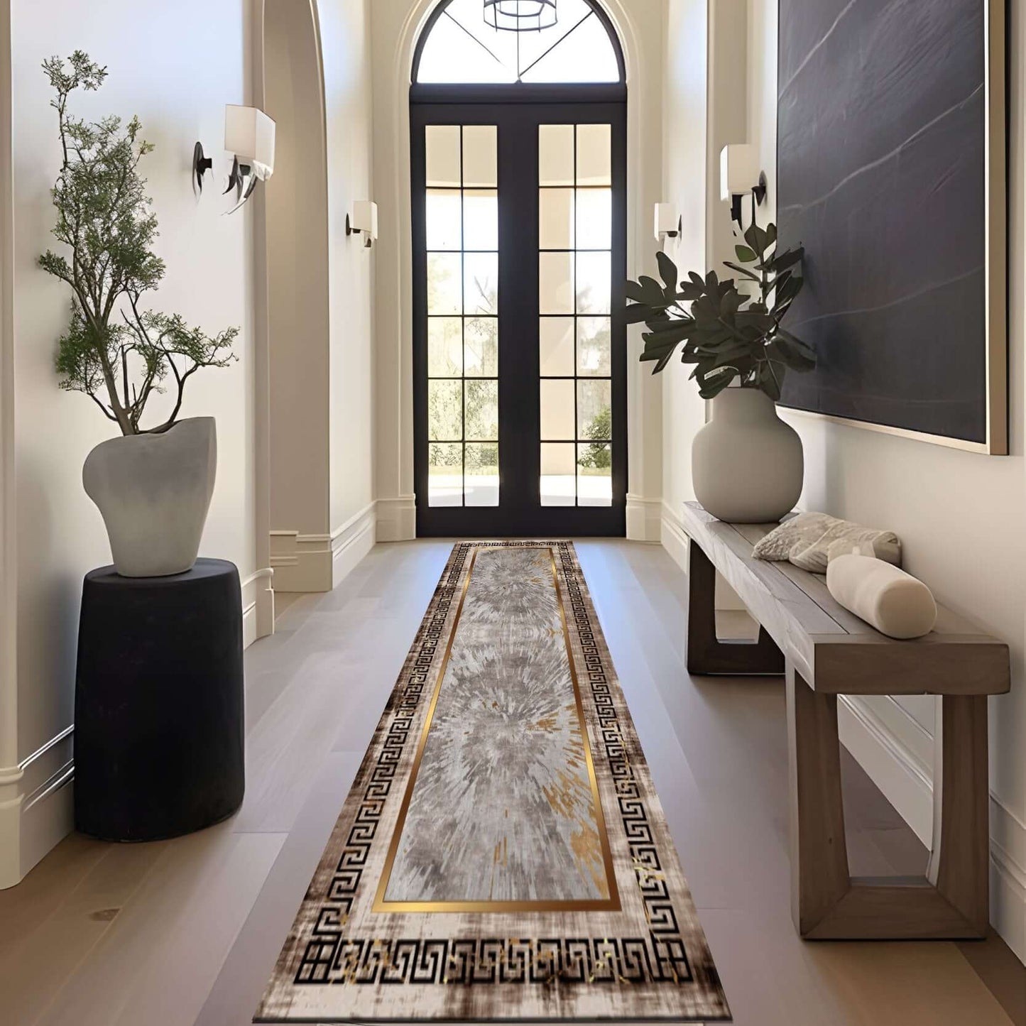 Modern Luxury Greek Border Rug Elevate your space with the BY-DLS-230 Modern Luxury Greek Border Rug. This contemporary masterpiece features a striking Greek key border and an abstract sunburst design in neutral tones, accented by gold highlights. Perfect