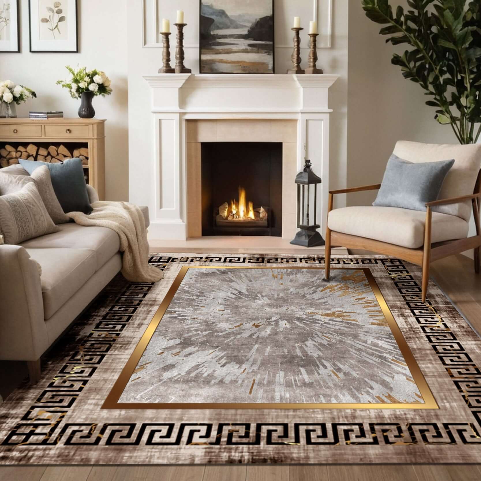 Modern Luxury Greek Border Rug Elevate your space with the BY-DLS-230 Modern Luxury Greek Border Rug. This contemporary masterpiece features a striking Greek key border and an abstract sunburst design in neutral tones, accented by gold highlights. Perfect