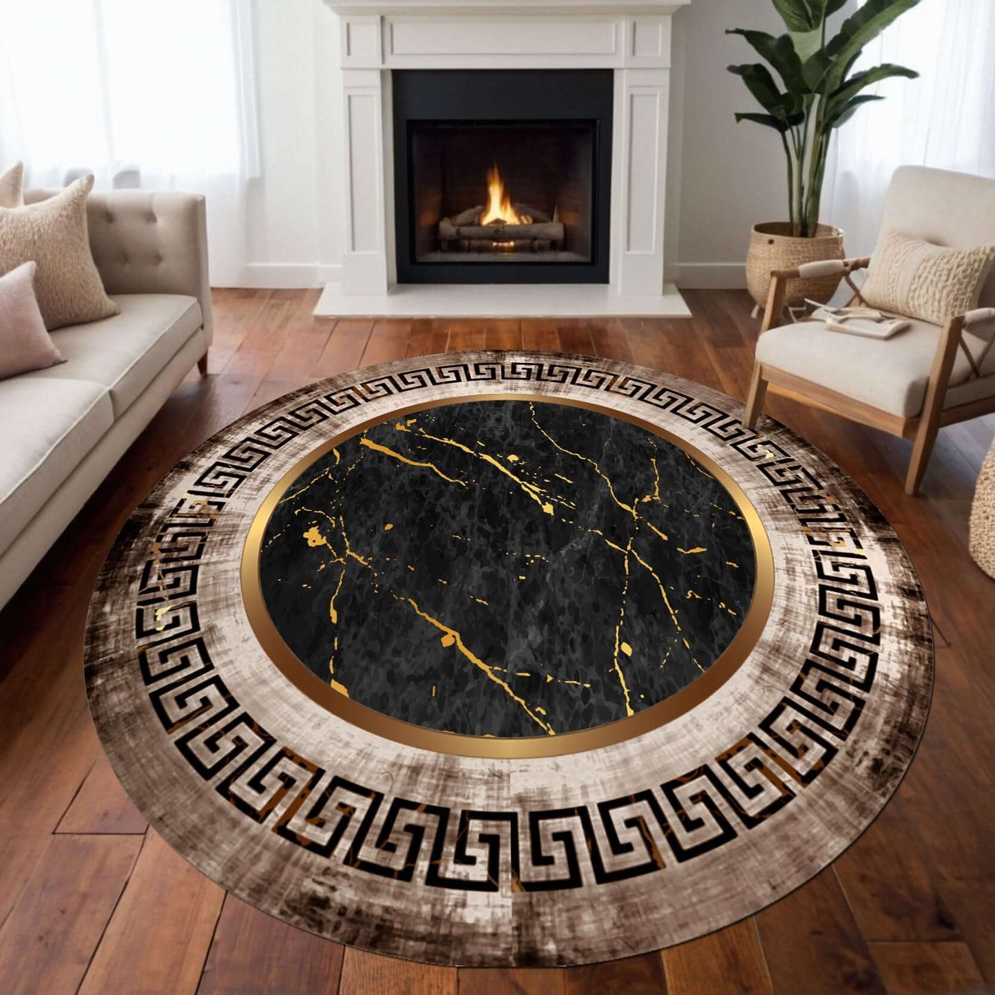 Luxury Marble-Inspired Rug with Greek Key Border Upgrade your space with the BY-DLS-232 Luxury Marble-Inspired Rug, designed to deliver a sophisticated statement with its bold black marble effect and elegant Greek key border. The gold veining adds a touch