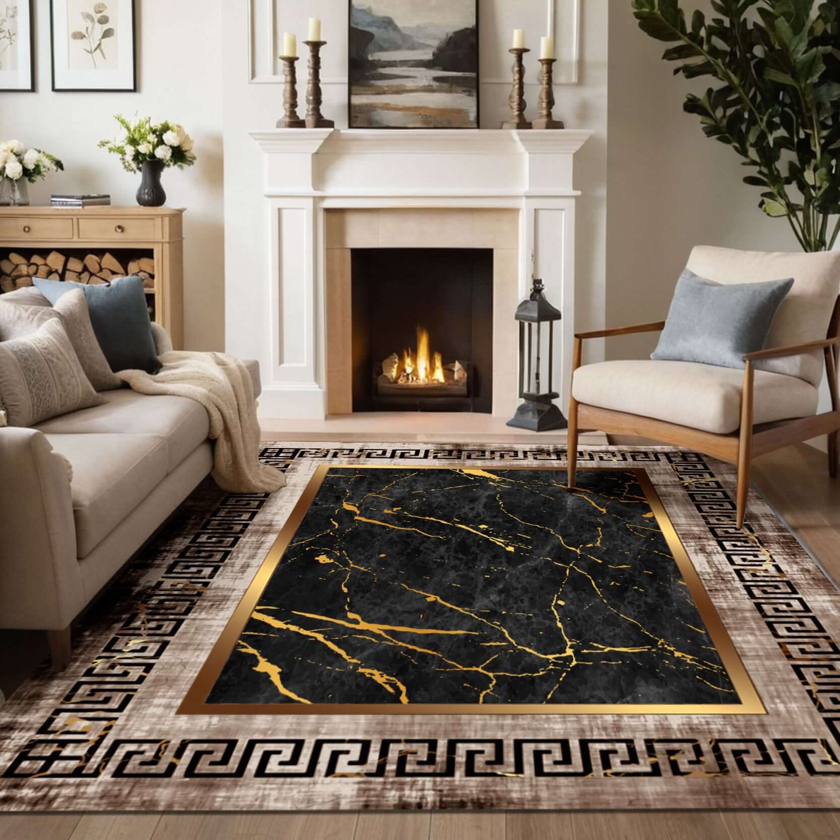 Luxury Marble-Inspired Rug with Greek Key Border Upgrade your space with the BY-DLS-232 Luxury Marble-Inspired Rug, designed to deliver a sophisticated statement with its bold black marble effect and elegant Greek key border. The gold veining adds a touch