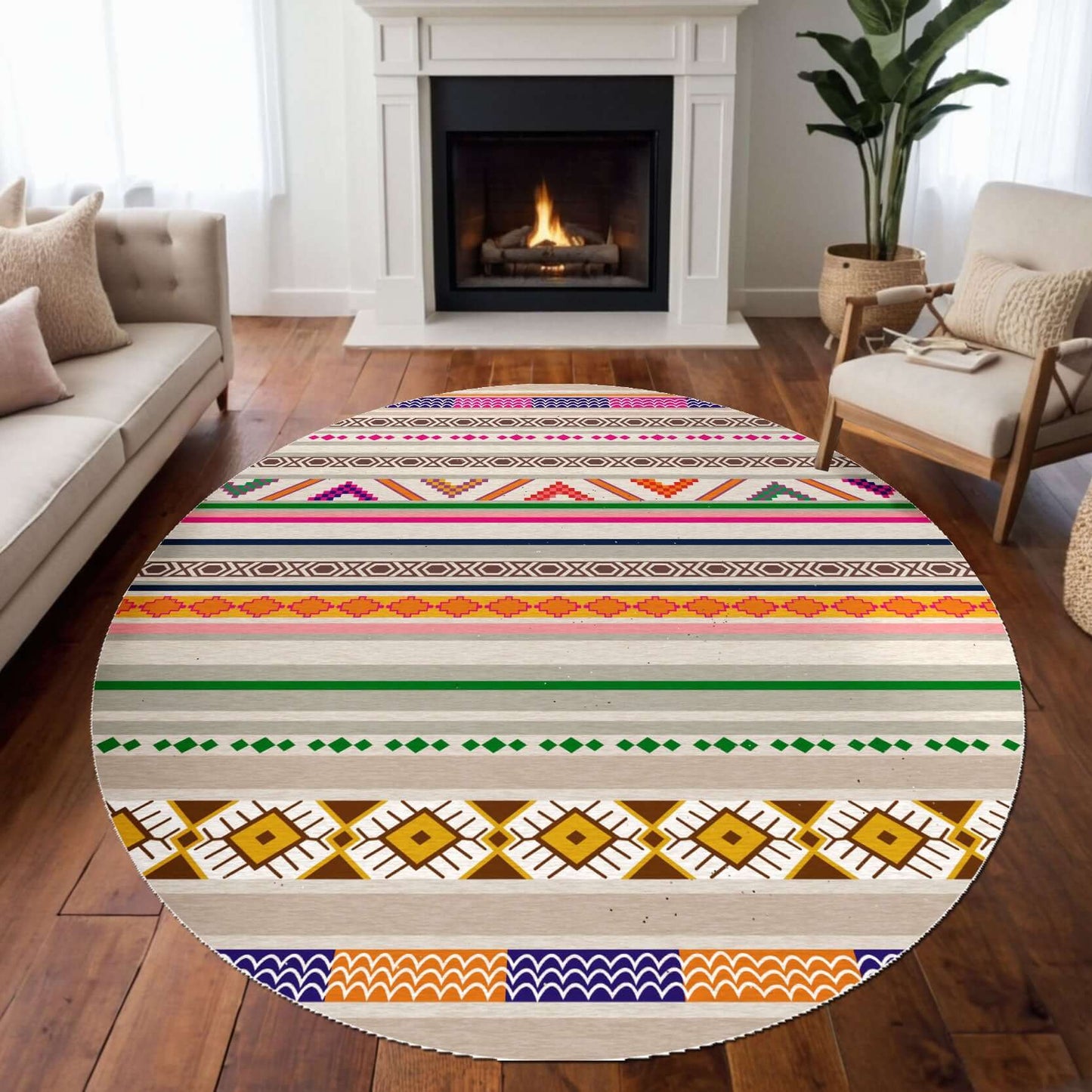 Modern Geometric Striped Rug Enhance your home with the BY-MLG-5 Modern Geometric Striped Rug, featuring a stunning mix of vibrant colors and tribal-inspired patterns. Designed to add warmth and personality to any room, this rug blends bohemian charm with