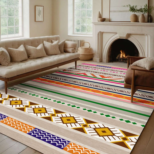 Modern Geometric Striped Rug Enhance your home with the BY-MLG-5 Modern Geometric Striped Rug, featuring a stunning mix of vibrant colors and tribal-inspired patterns. Designed to add warmth and personality to any room, this rug blends bohemian charm with