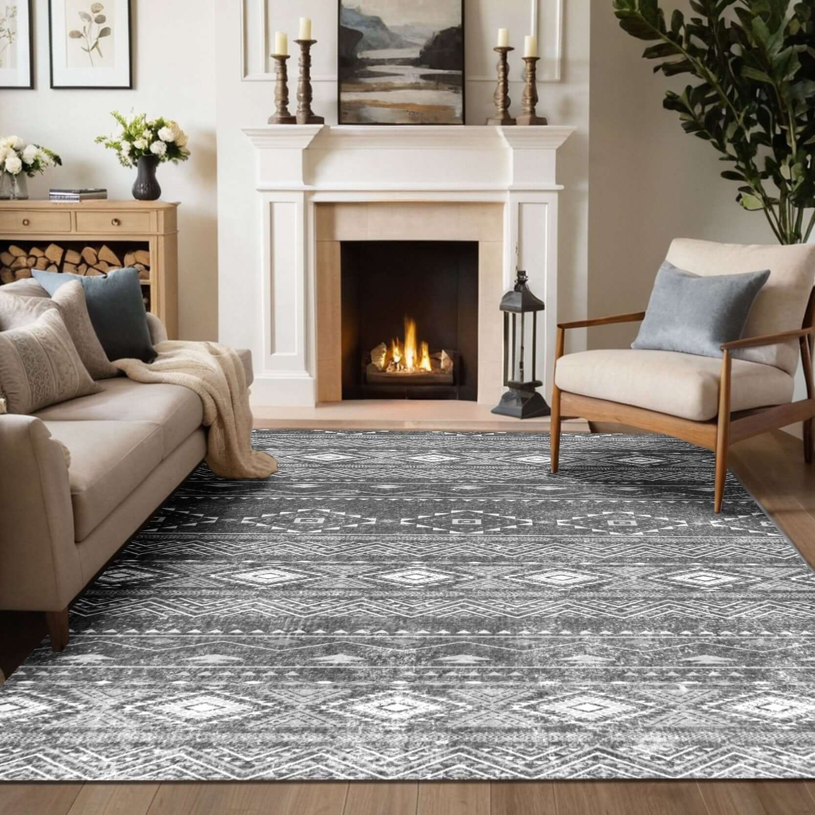 Modern Ethnic Pattern Rug Enhance your home with the BY-MLG-73 Modern Ethnic Pattern Rug, featuring a rich geometric design inspired by traditional motifs. This elegant monochrome rug, crafted in grey and white, is ideal for both modern and rustic interio