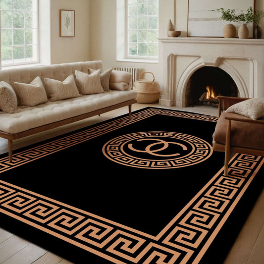 Modern Luxe Monogram Rug Infuse your home with modern elegance using the BY-OS29 Modern Luxe Monogram Rug. Featuring a bold monogrammed design at the center, framed by a classic Greek key border, this rug delivers a sophisticated and luxurious touch. Perf