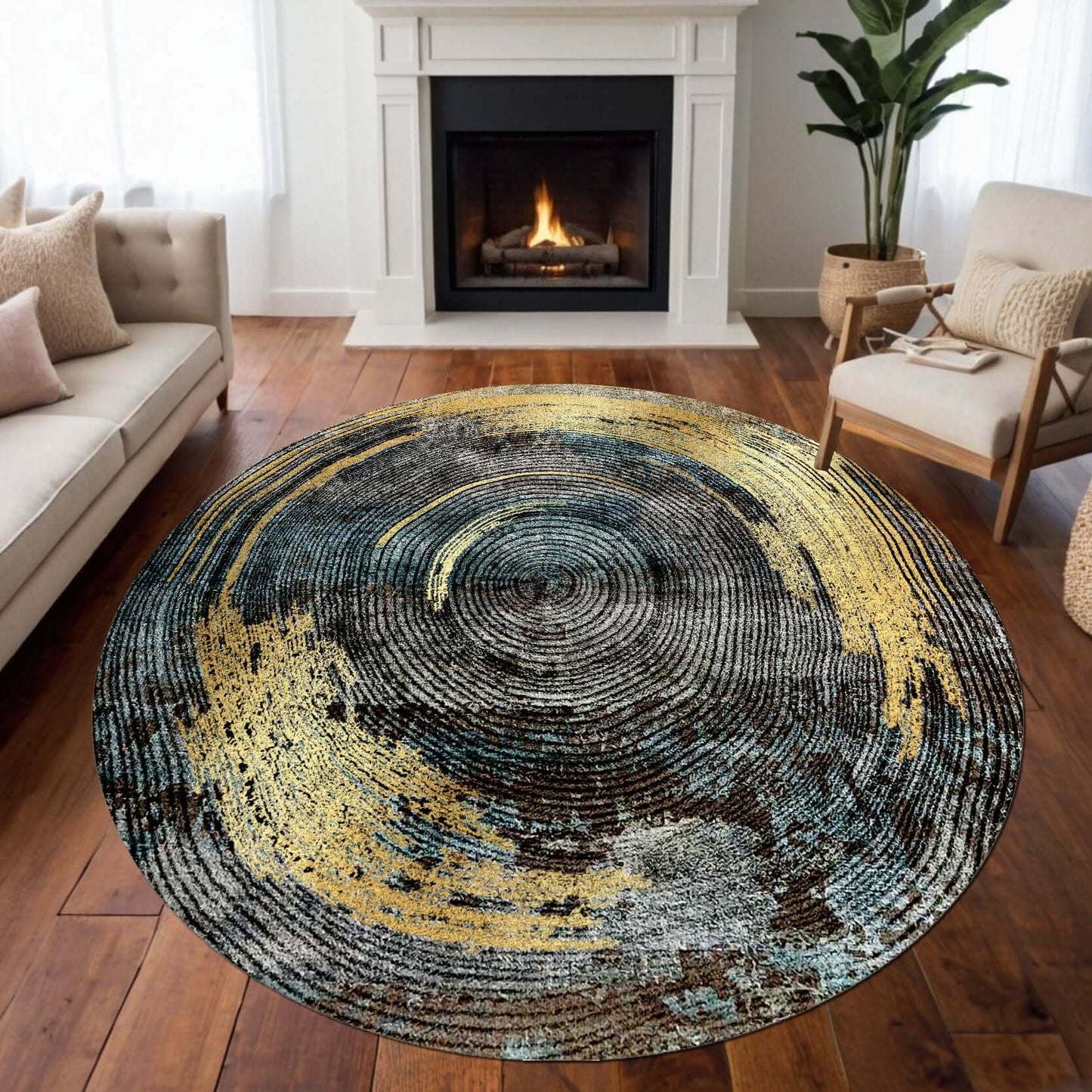 Modern Swirl Elegance Rug Transform your interior space with the captivating BY-XD-1471 Modern Swirl Elegance Rug. Designed to evoke a sense of modern artistry, this rug features a dynamic circular swirl pattern in rich blue and gold hues. Its abstract de