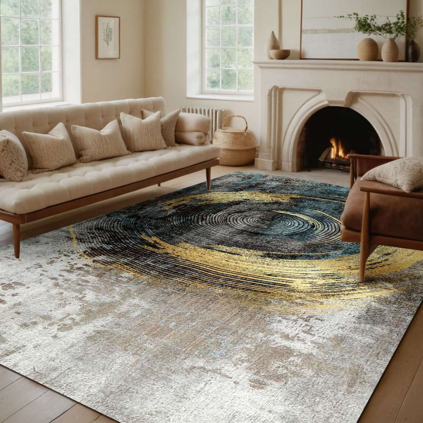 Modern Swirl Elegance Rug Transform your interior space with the captivating BY-XD-1471 Modern Swirl Elegance Rug. Designed to evoke a sense of modern artistry, this rug features a dynamic circular swirl pattern in rich blue and gold hues. Its abstract de