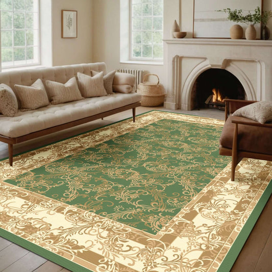 Traditional Green & Gold Decorative Medallion Rug Elevate your interior décor with the BYBS-70 Traditional Green & Gold Decorative Rug, featuring an exquisite medallion design framed by intricate ornamental patterns. The combination of vibrant green and g