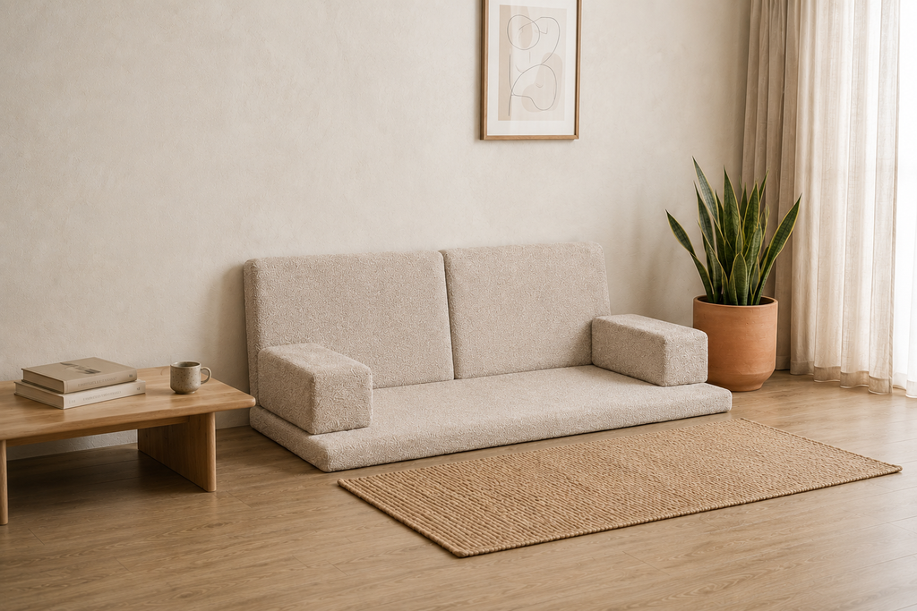Beige bouclé floor cushion sofa set in a modern living space with natural light.