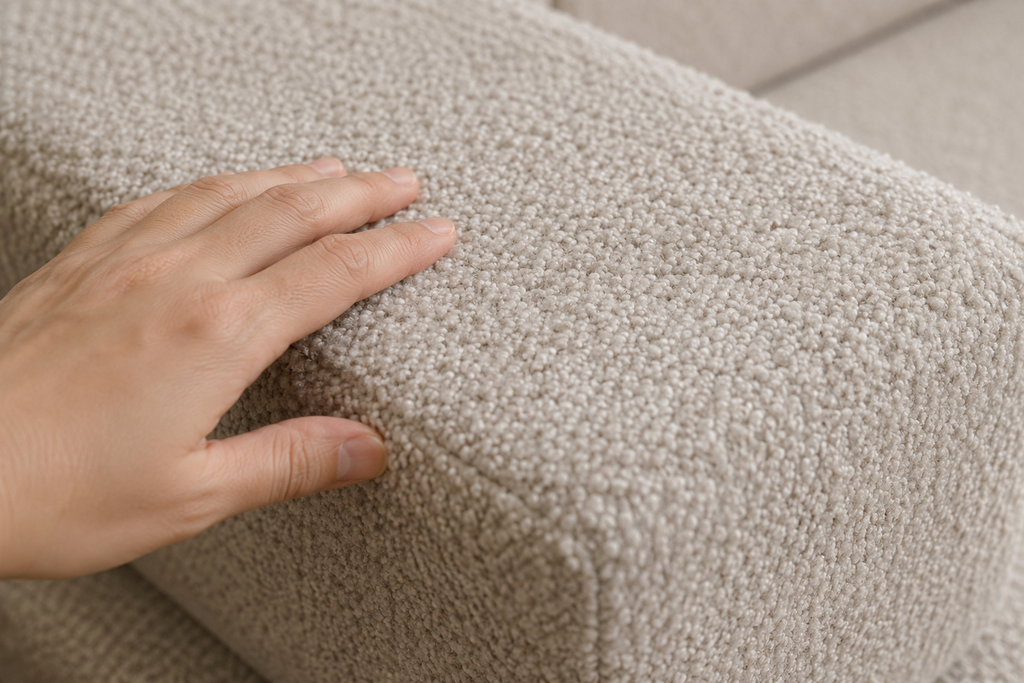 Close-up of hand touching beige bouclé floor cushion sofa texture for comfort and style.