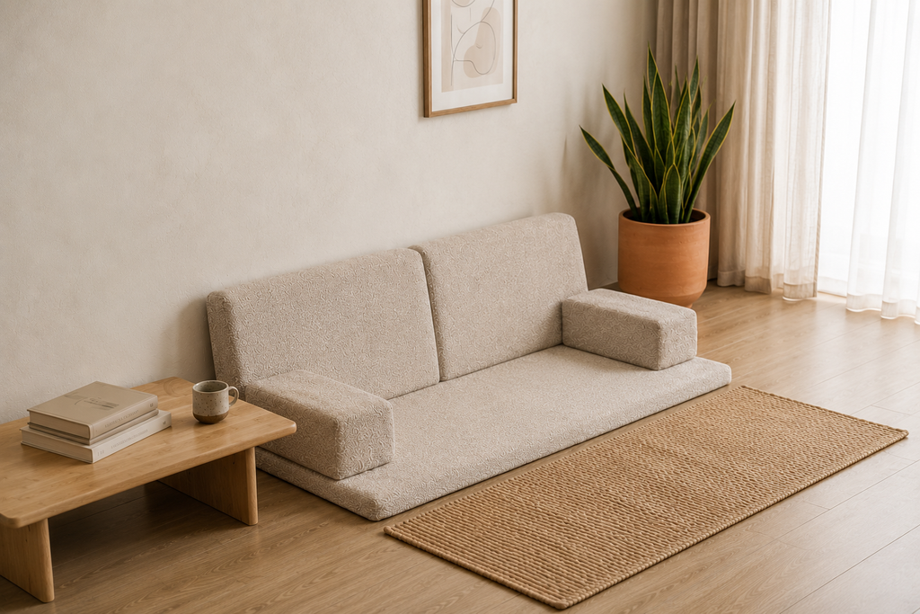 Beige bouclé floor cushion sofa set in a modern living room with a coffee table and indoor plant.