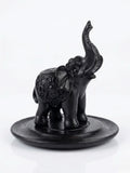 Black Elephant Incense Stick Holder – 10cm Round Base with detailed design and raised trunk.