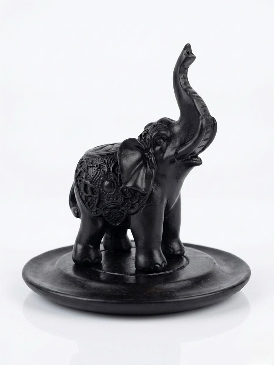 Black Elephant Incense Stick Holder – 10cm Round Base with detailed design and raised trunk.
