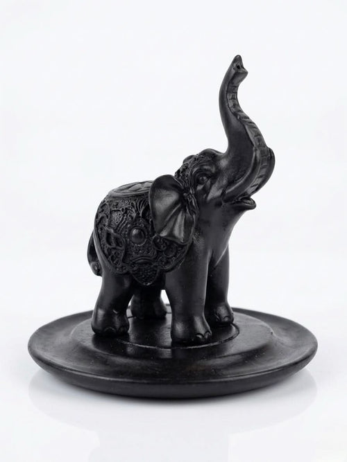 Black Elephant Incense Stick Holder – 10cm Round Base with detailed design and raised trunk.
