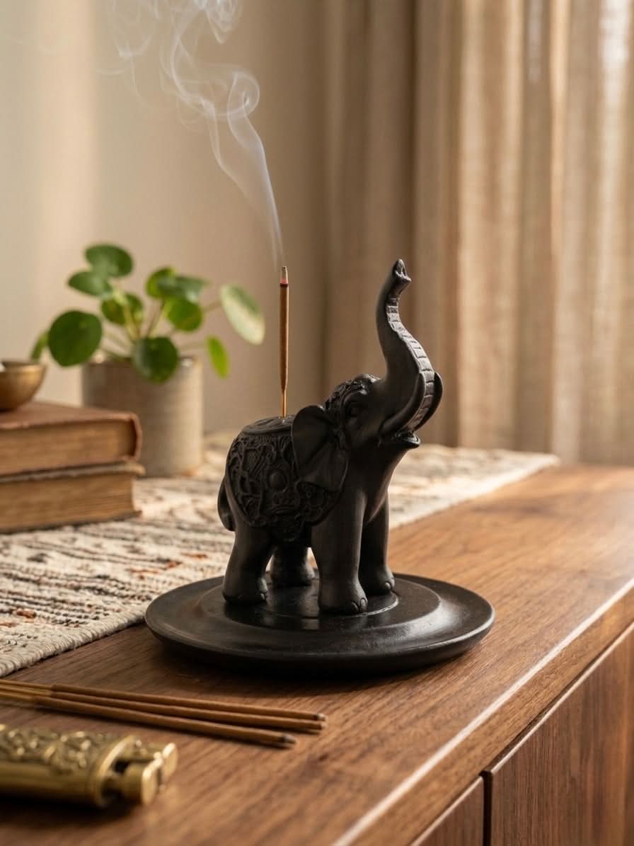 Black Elephant Incense Stick Holder with smoke rising, on a wooden table with decor