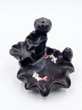 Black Lotus Koi Backflow Cone Incense Holder with lotus leaf design and koi fish details