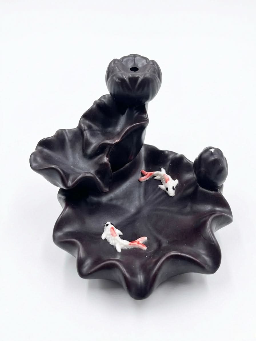 Black Lotus Koi Backflow Cone Incense Holder with lotus leaf design and koi fish details