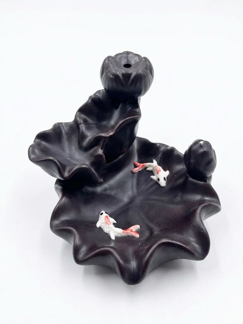 Black Lotus Koi Backflow Cone Incense Holder with lotus leaf design and koi fish details