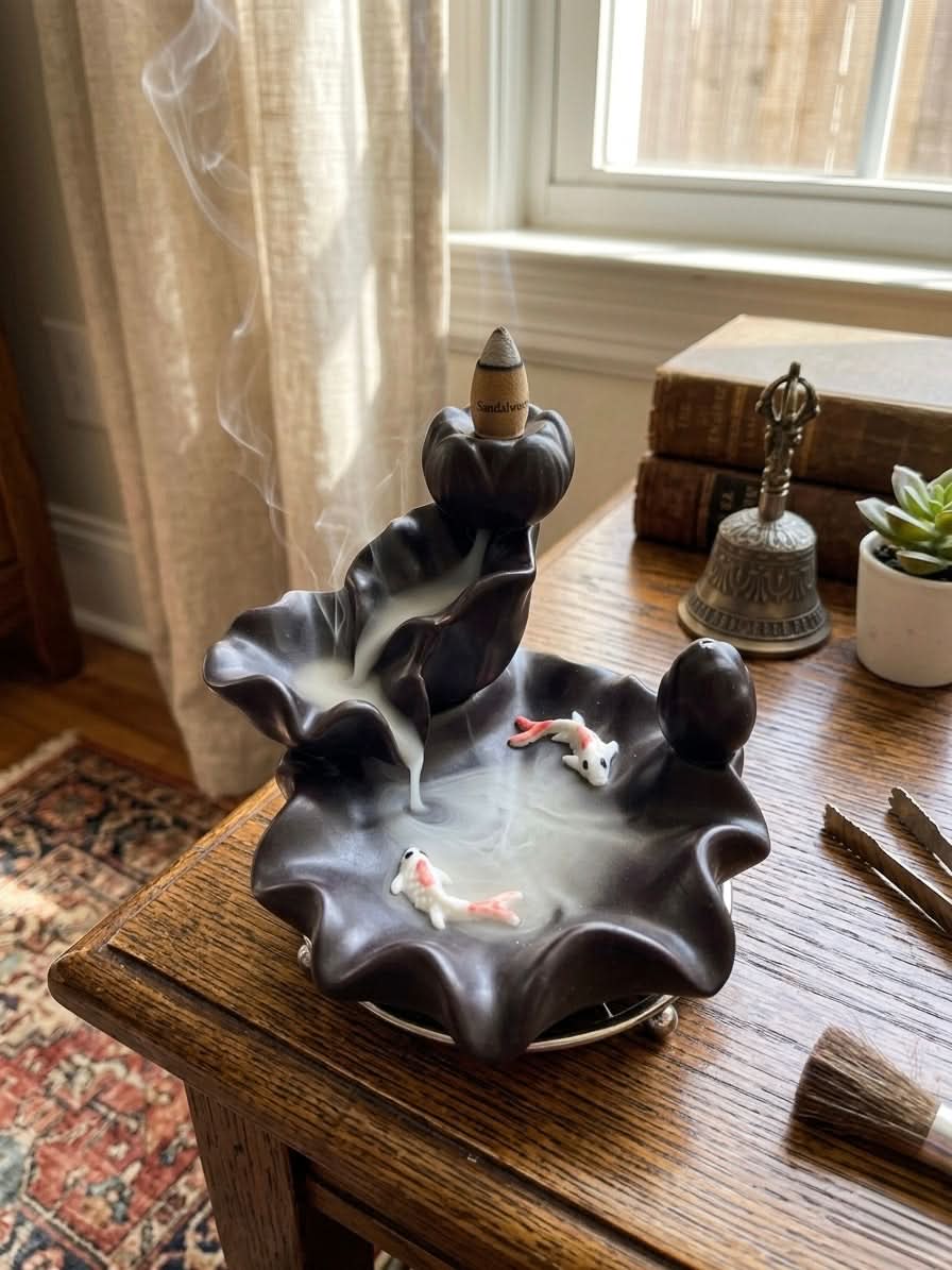Black Lotus Koi Backflow Cone Incense Holder with koi fish and smoke, creating a relaxing atmosphere.