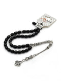 Black Prayer Beads: 25cm Silver Tassel