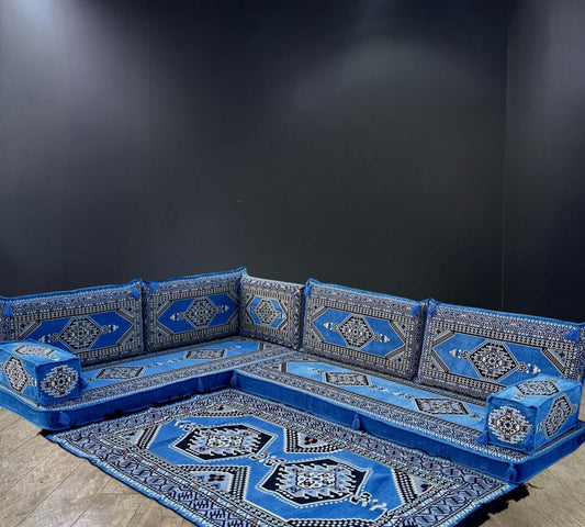 Blue Palace Arabian Majlis L-Shape Sofa Set-Redefine luxury with the Blue Palace Arabian Majlis L-Shape Sofa Set. Rich blue hues, 100% cotton covers, firm sponge, and a matching rug for a royal ambiance.-Bazaar G Rugs N Gifts