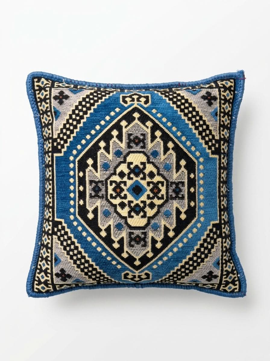 Blue Palace Kilim Cushion featuring intricate blue and black geometric patterns in a 40x40 cm square design.