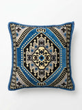 Blue Palace Kilim Cushion featuring intricate blue and black geometric patterns in a 40x40 cm square design.