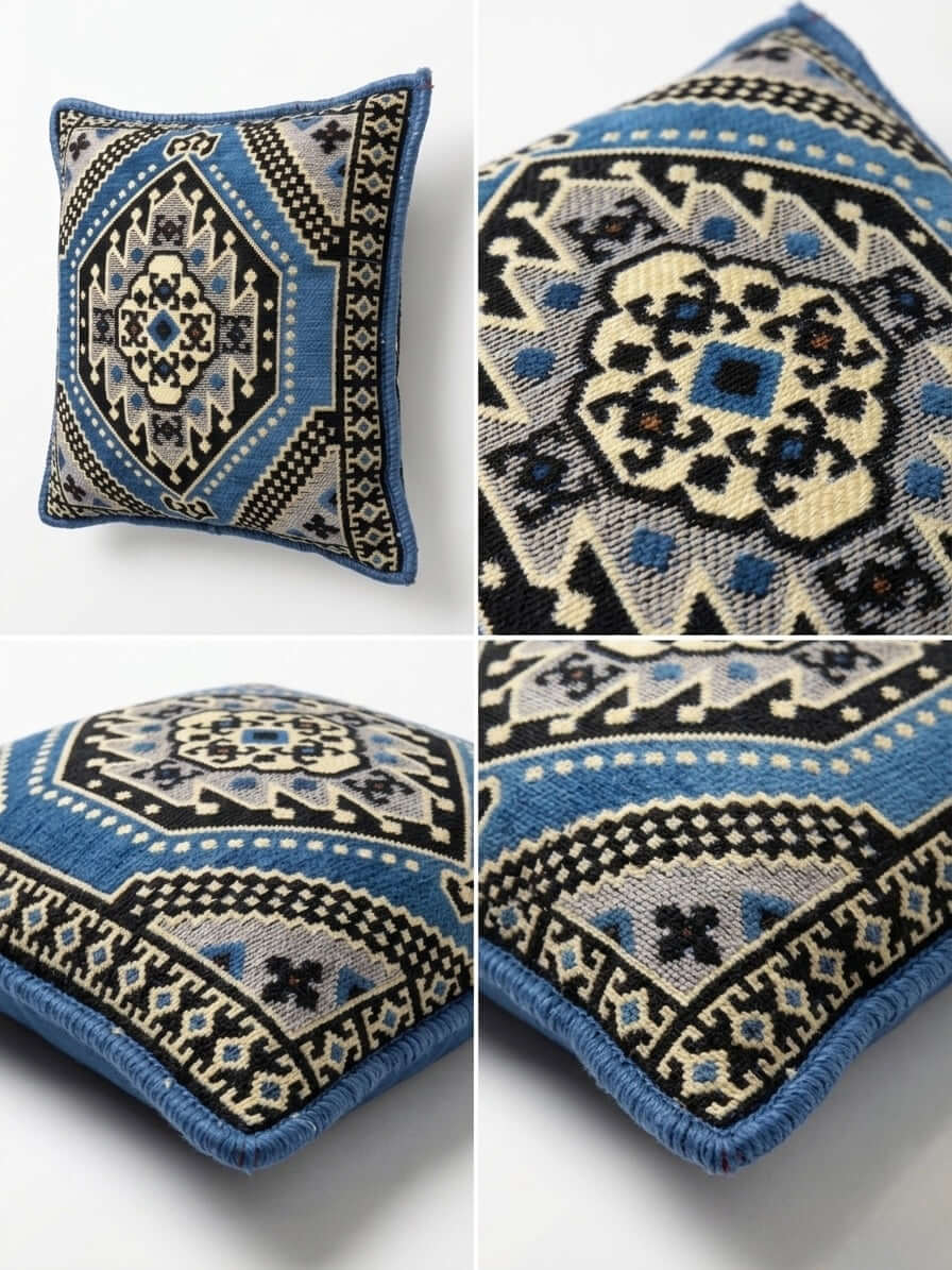 Blue Palace Kilim Cushion showcasing intricate patterns and vibrant blue colors, ideal for home decor.