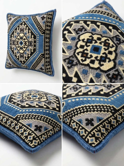 Blue Palace Kilim Cushion showcasing intricate patterns and vibrant blue colors, ideal for home decor.