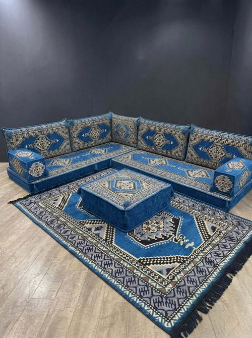 Blue Palace L-Shape Full Set featuring Arabian Majlis seating with intricate blue and gold patterns.
