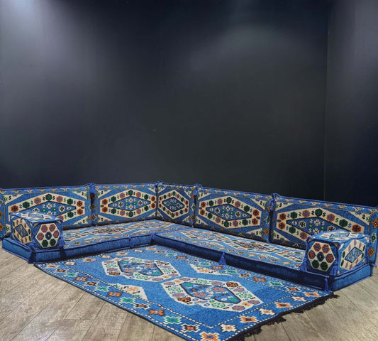 Blue Royal Arabian Majlis L-Shape Sofa Set-Transform your home with the Blue Royal Arabian Majlis L-Shape Sofa Set. Featuring elegant blue tones, 100% cotton covers, extra firm sponge, and a matching rug for comfort and luxury.-Bazaar G Rugs N Gifts