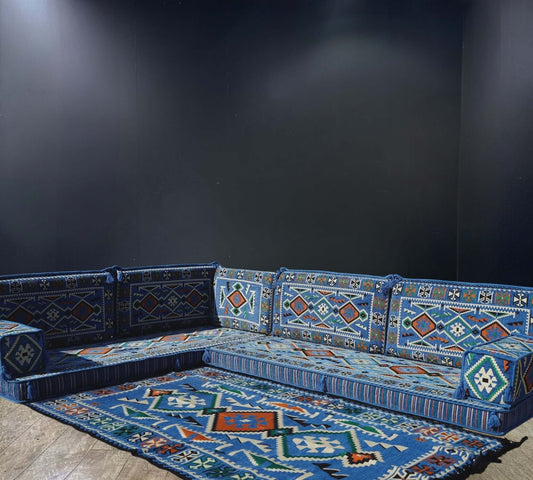 Blue Serenity Arabian Majlis L-Shape Sofa Set-Create a calming atmosphere with the Blue Serenity Arabian Majlis L-Shape Sofa Set. Serene blue tones, 100% cotton covers, firm sponge, and a coordinating rug for relaxation and style.-Bazaar G Rugs N Gifts