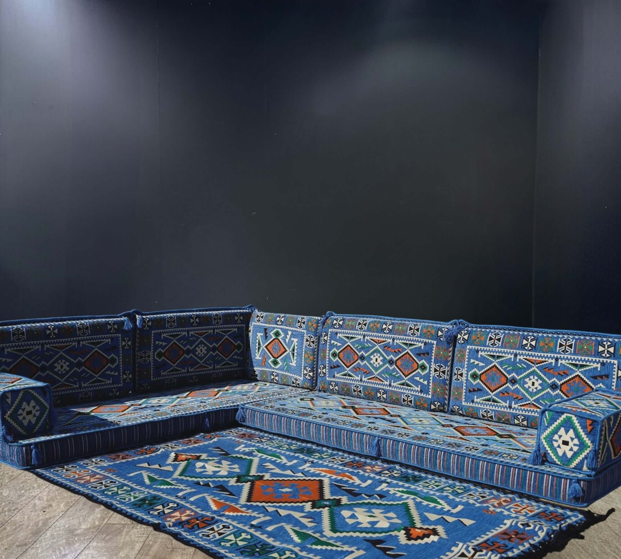 Blue Serenity Arabian Majlis L-Shape Sofa Set