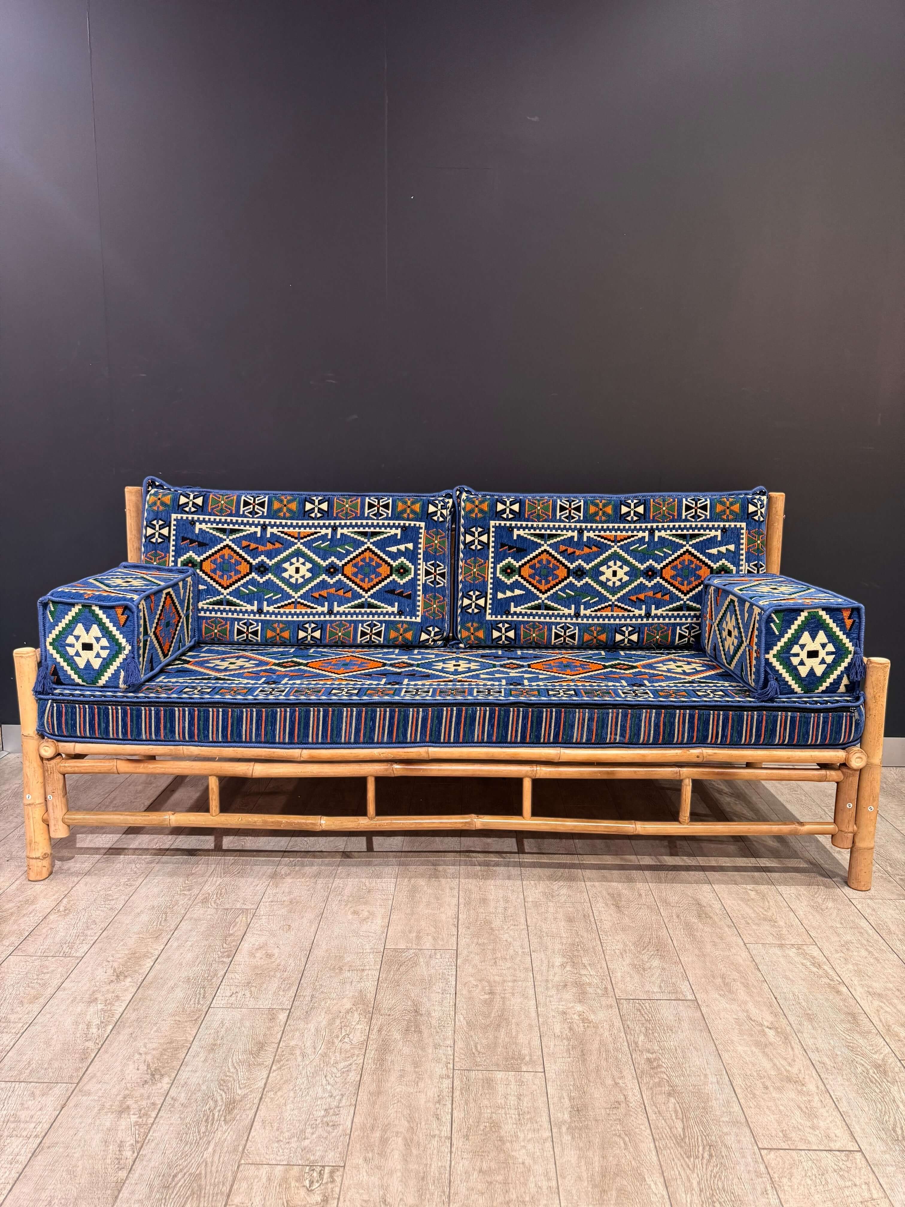 Blue Serenity Arabic Seating Sofa | Handmade Bamboo 70x190cm Cushion