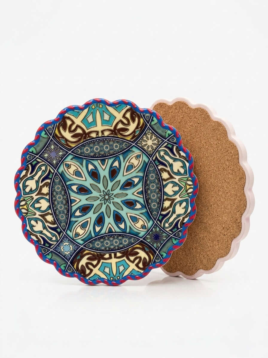 Blue Turkish Mosaic Cork Trivet – Heat Resistant Pot Stand showing intricate blue mandala design and cork backing.