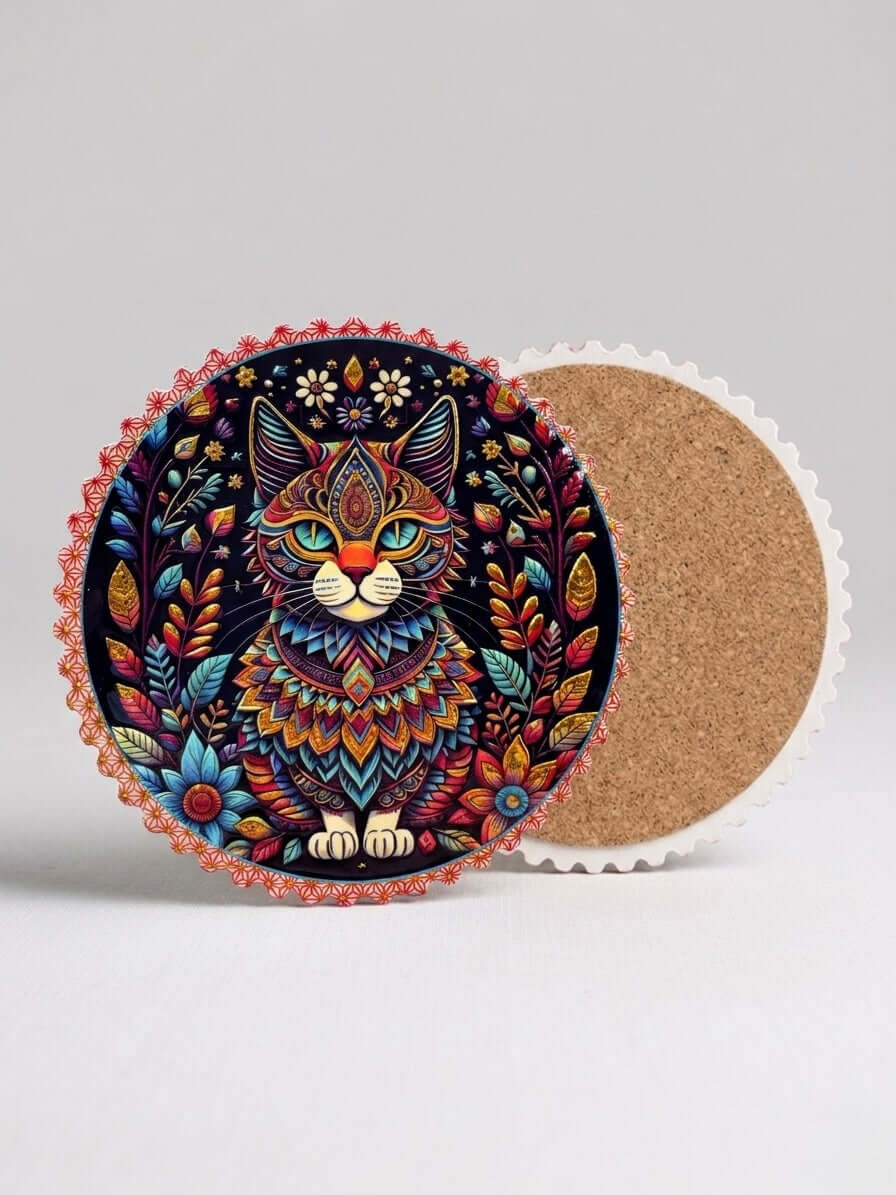 Bohemian Cat Ceramic Coaster displaying vibrant cat design with cork base, ideal for protecting surfaces