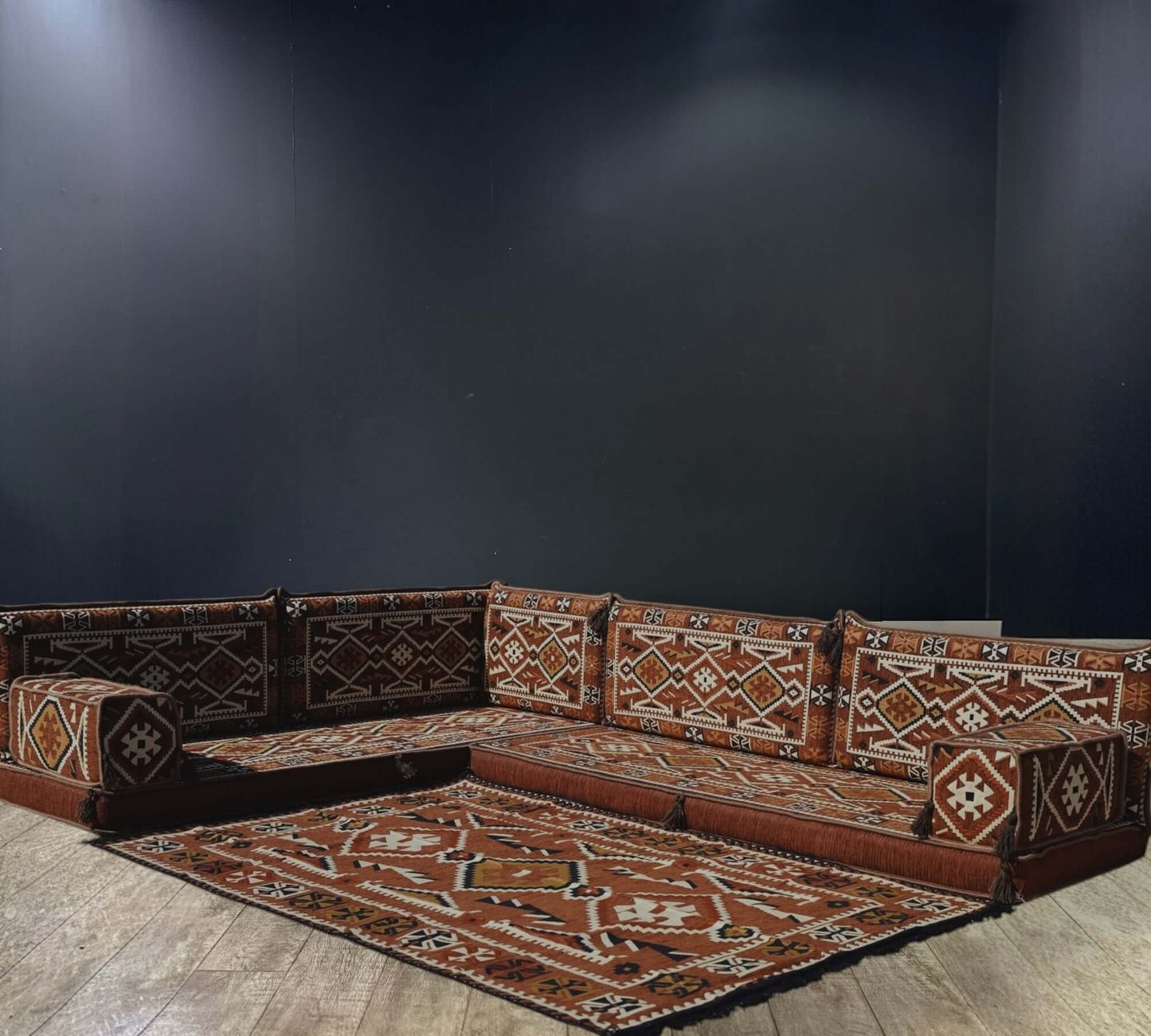 Brown Serenity Arabian Majlis L-Shape Sofa Set,Discover rustic elegance with the Brown Serenity Arabian Majlis L-Shape Sofa Set. Warm brown tones, 100% cotton covers, firm sponge, and a coordinating rug bring timeless comfort.