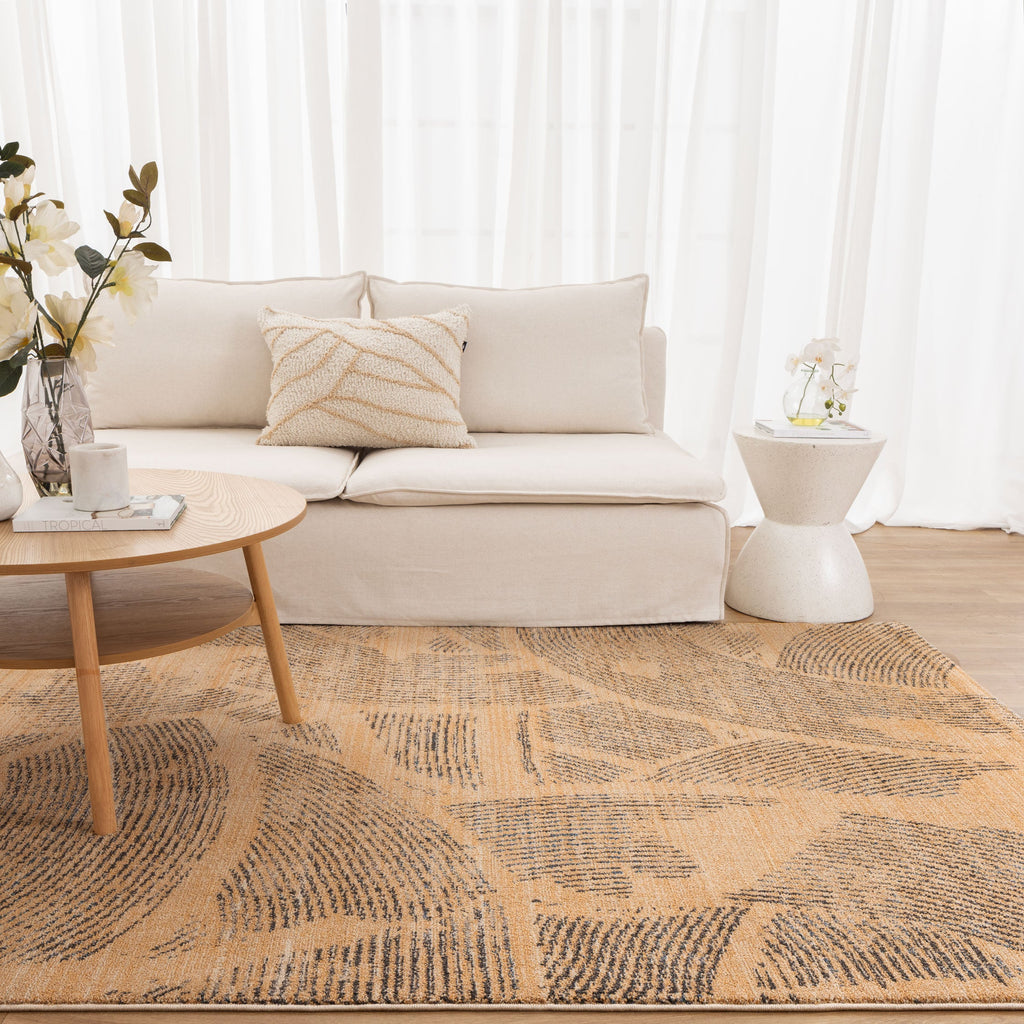 Clara Abstract Paintbrush Gold Rug - C104 styled with furniture