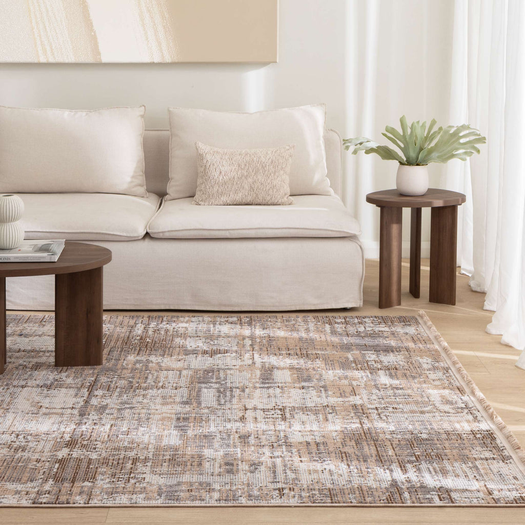 Cherie CH08 Beige Grey Watercolour Rug styled with furniture