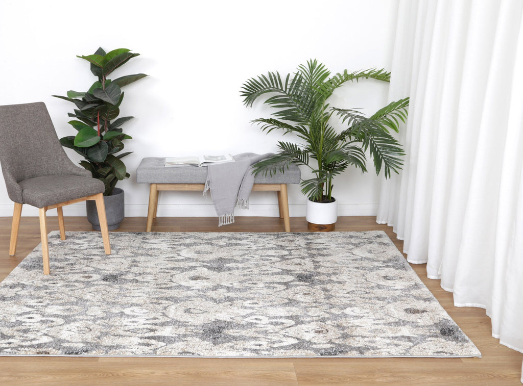 Chelsea Damask Grey Plush Rug - 18422 096 styled with furniture